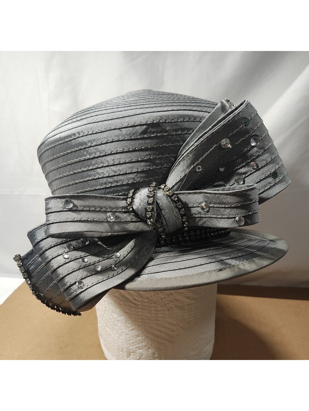VGT Silver Small Brim with rhinestone bow Women’s Dress Church Wedding Hat